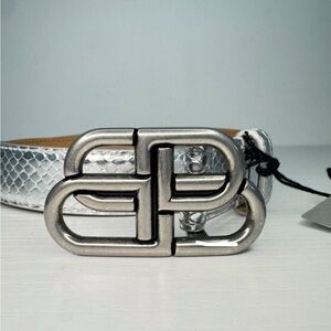 Balenciaga BB Logo Buckle Belt 80cm Silver Metallic Embossed Viper Women’s NWT